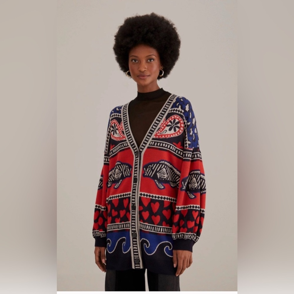 Farm Rio‎ Navy Mixed Print Knit Cardigan Sz Small Oversized Dopamine Teacher